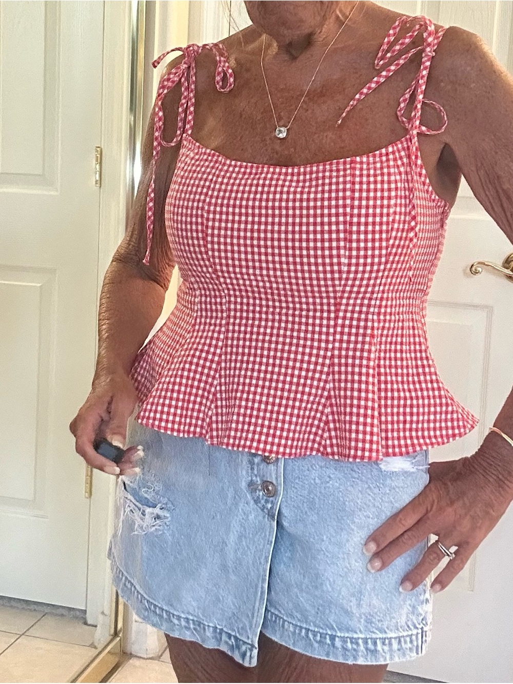 Zara Red Gingham Tie-Shoulder Peplum Tank Top - Women L Like New